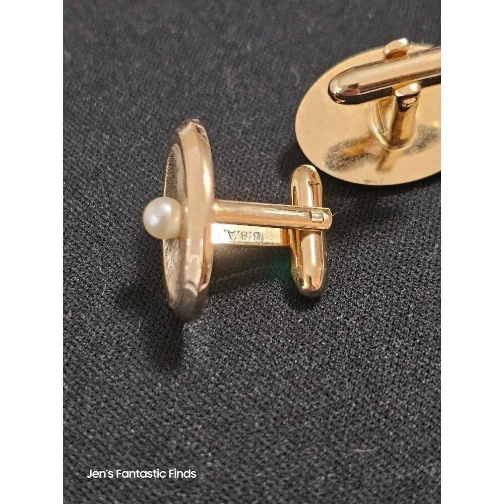 Hickok Mens‎ Gold-Tone & Faux Pearl Oval Cufflinks U.S.A. Made